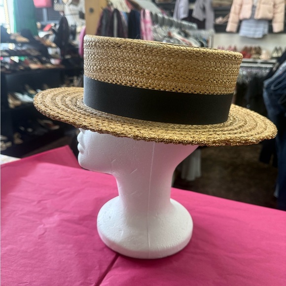 Vintage Straw Boater Hat Pilgrim Fashion Tower Flat Brim Black Ribbon main image 6